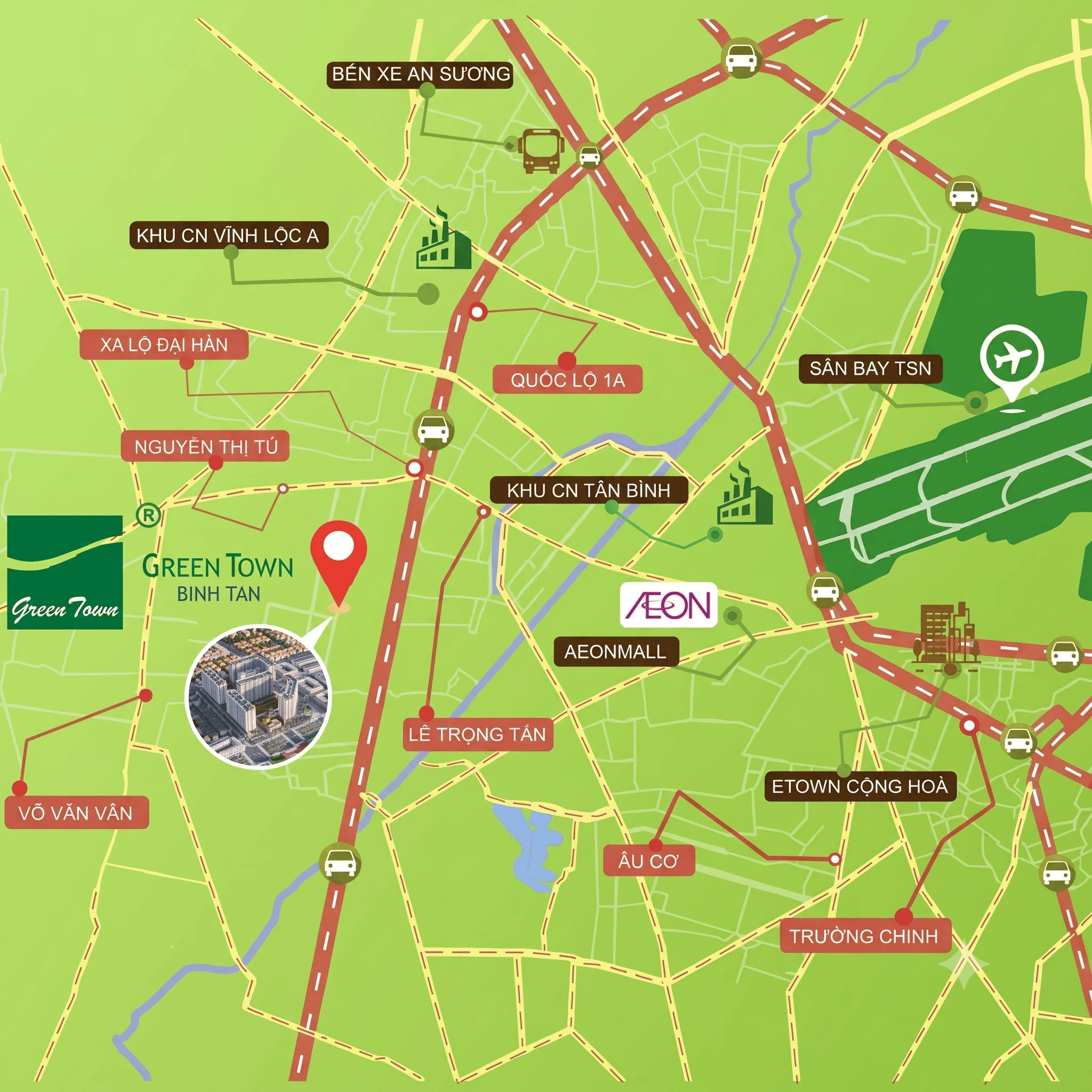 Bản đồ kết nối tiện ích Green Town Bình Tân